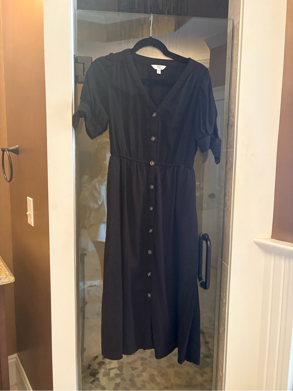 AND Black Button-Front Midi Dress with Short Puff Sleeves